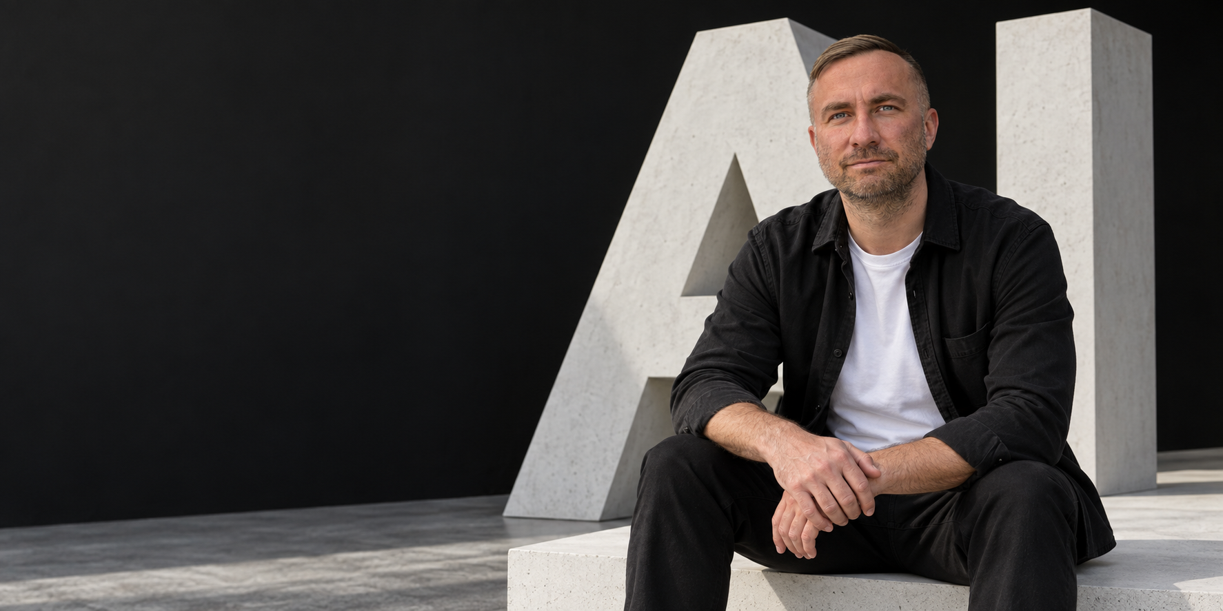 Brand illustration: Anti Soosaar seated beside monumental white AI letters.