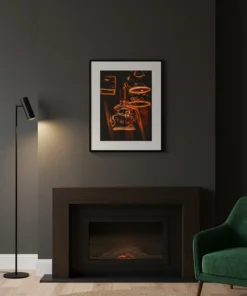 Framed warm light-shop photograph displayed in an interior.