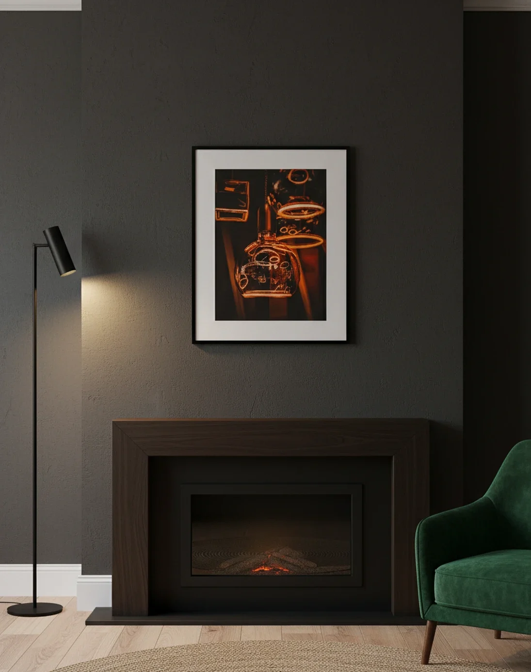 Framed warm light-shop photograph displayed in an interior.
