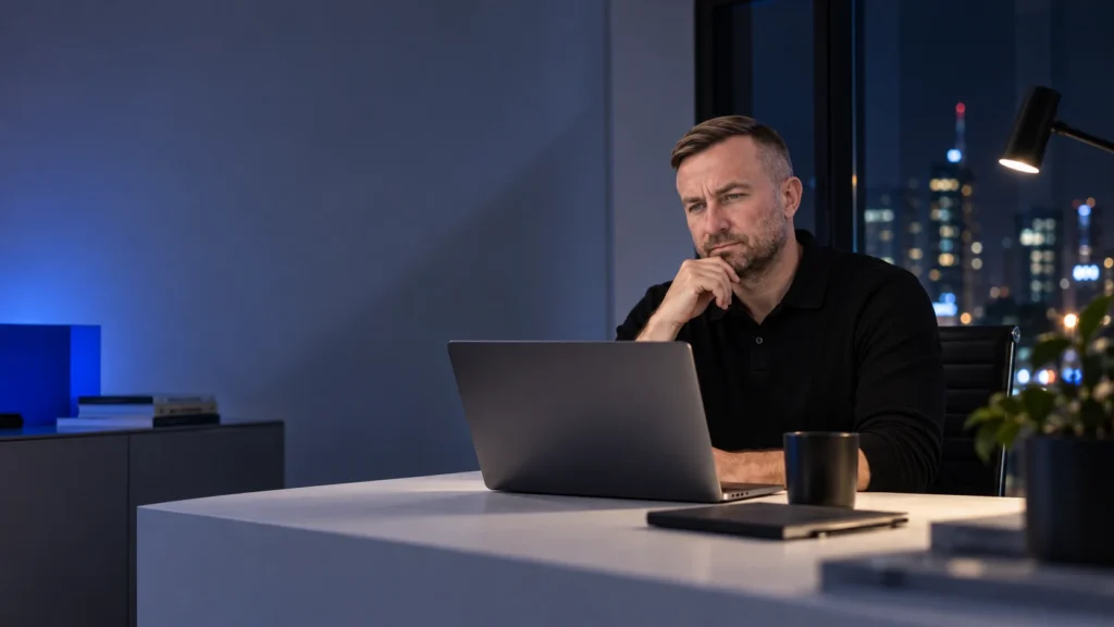 Anti Soosaar jälgib sülearvutit öises sinise valgusega tööruumis.