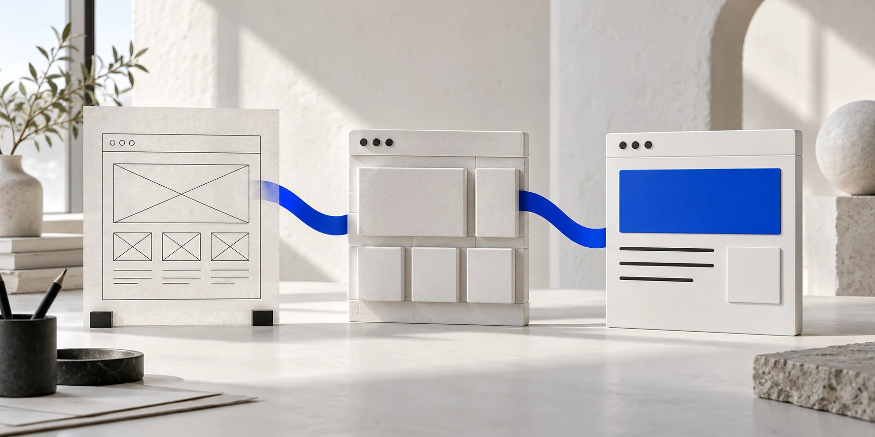 Three website mock-ups show a line sketch, a work in progress and a finished view with blue accents, connected by a blue ribbon.