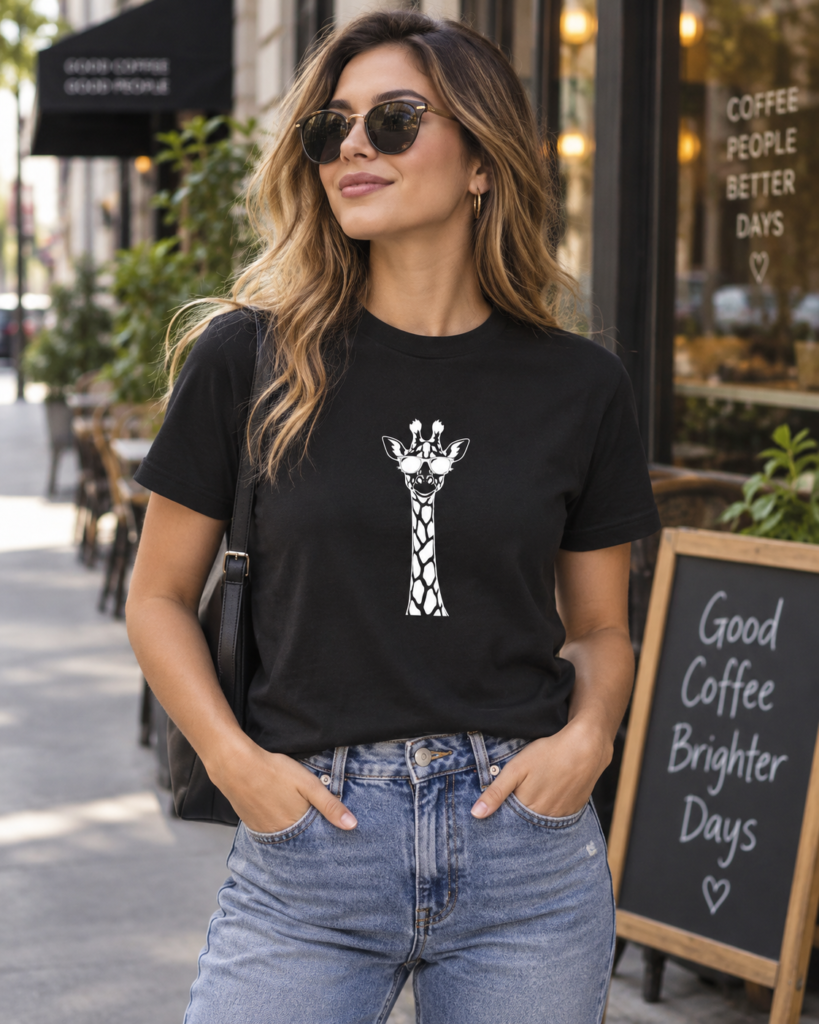 A woman wearing sunglasses and a black giraffe-print T-shirt outside a cafe.