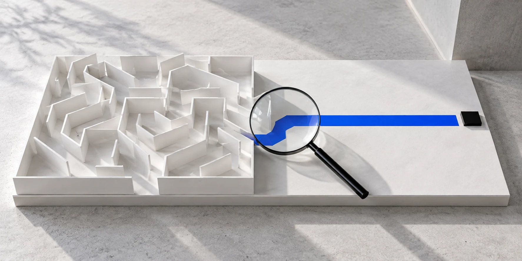 A white maze and a more direct cobalt-blue route under a magnifying glass, illustrating the assessment of an AI solution.