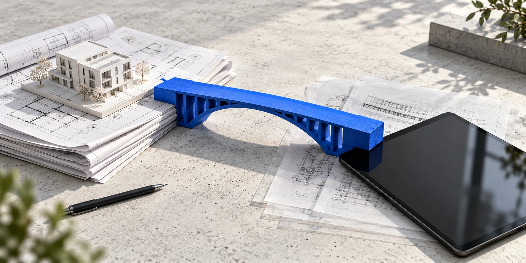 Concept illustration: a blue bridge connects construction drawings and a building model to a tablet.
