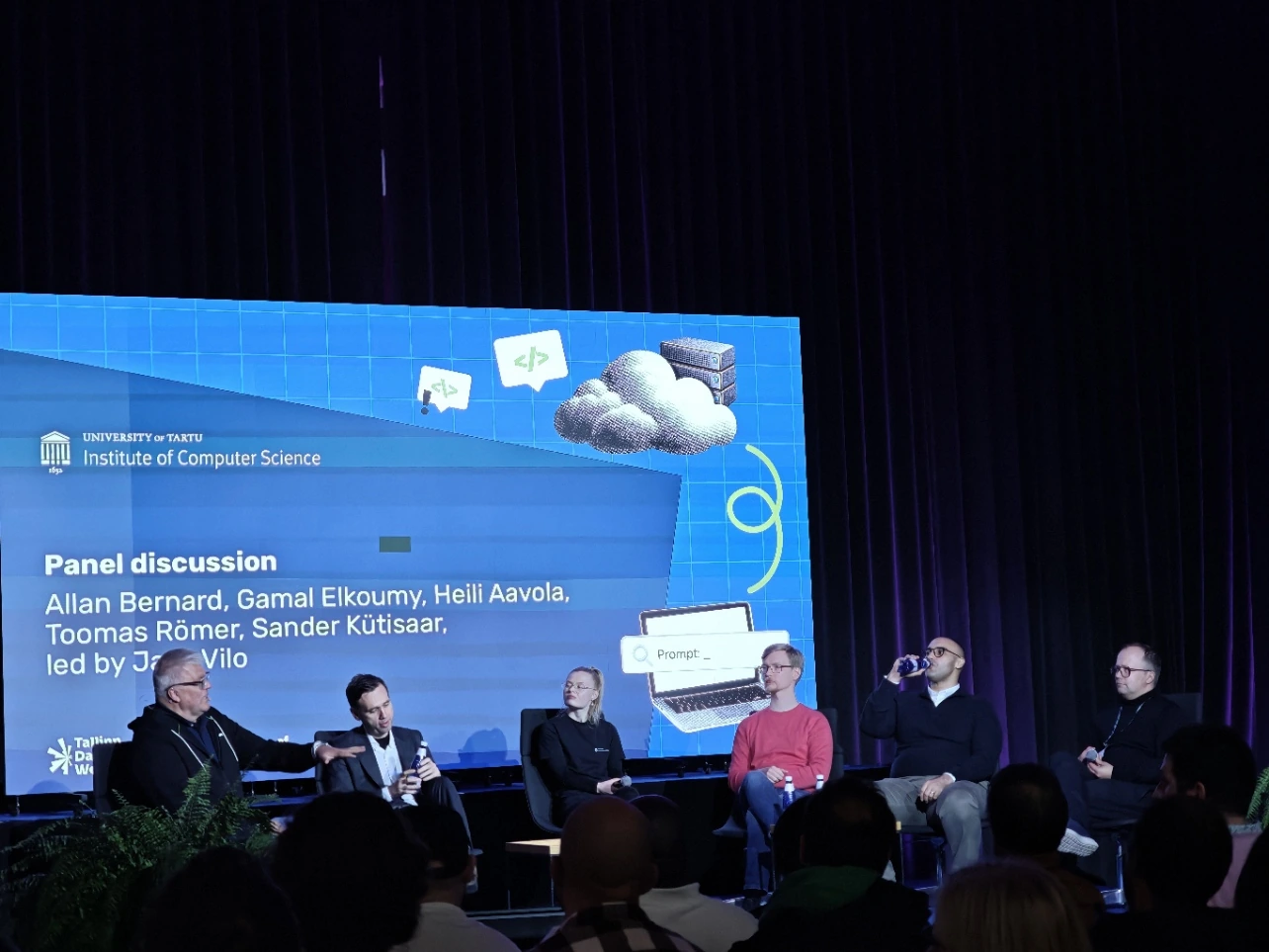 Jaak Vilo moderates a panel with Allan Bernard, Heili Aavola, Sander Kütisaar, Gamal Elkoumy and Toomas Römer.